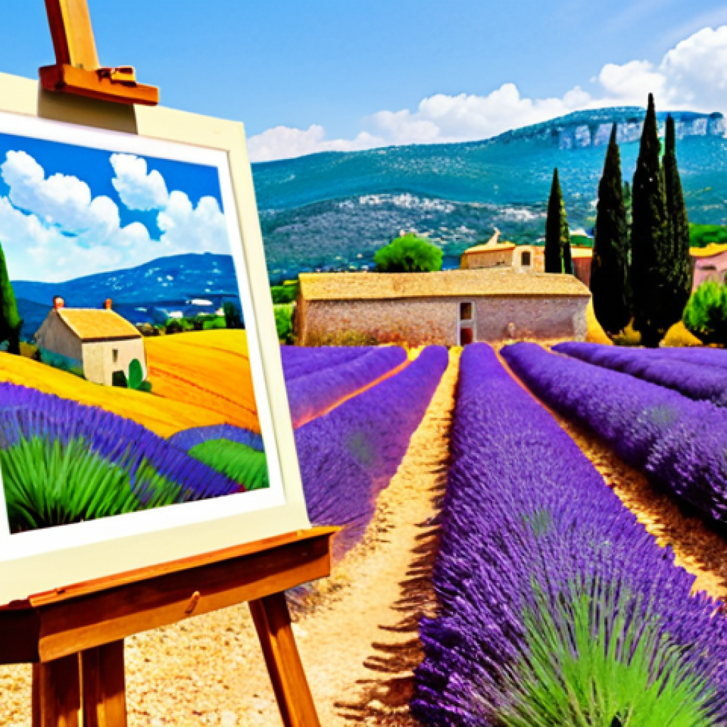**Image Prompt:** A painter standing amidst the lavender fields of Provence, easel set up, capturing the vibrant colors of the landscape. In the background, a quaint village can be seen. The style should evoke a sense of impressionism, similar to paintings by Van Gogh or Cézanne, with a focus on light and texture.