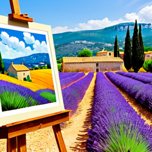 Home 4 **Image Prompt:** A painter standing amidst the lavender fields of Provence, easel set up, capturing the vibrant colors of the landscape. In the background, a quaint village can be seen. The style should evoke a sense of impressionism, similar to paintings by Van Gogh or Cézanne, with a focus on light and texture.