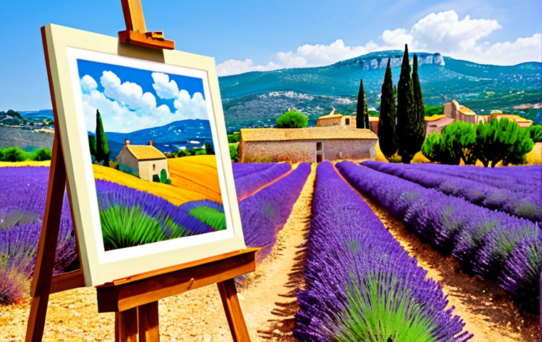 **Image Prompt:** A painter standing amidst the lavender fields of Provence, easel set up, capturing the vibrant colors of the landscape. In the background, a quaint village can be seen. The style should evoke a sense of impressionism, similar to paintings by Van Gogh or Cézanne, with a focus on light and texture.